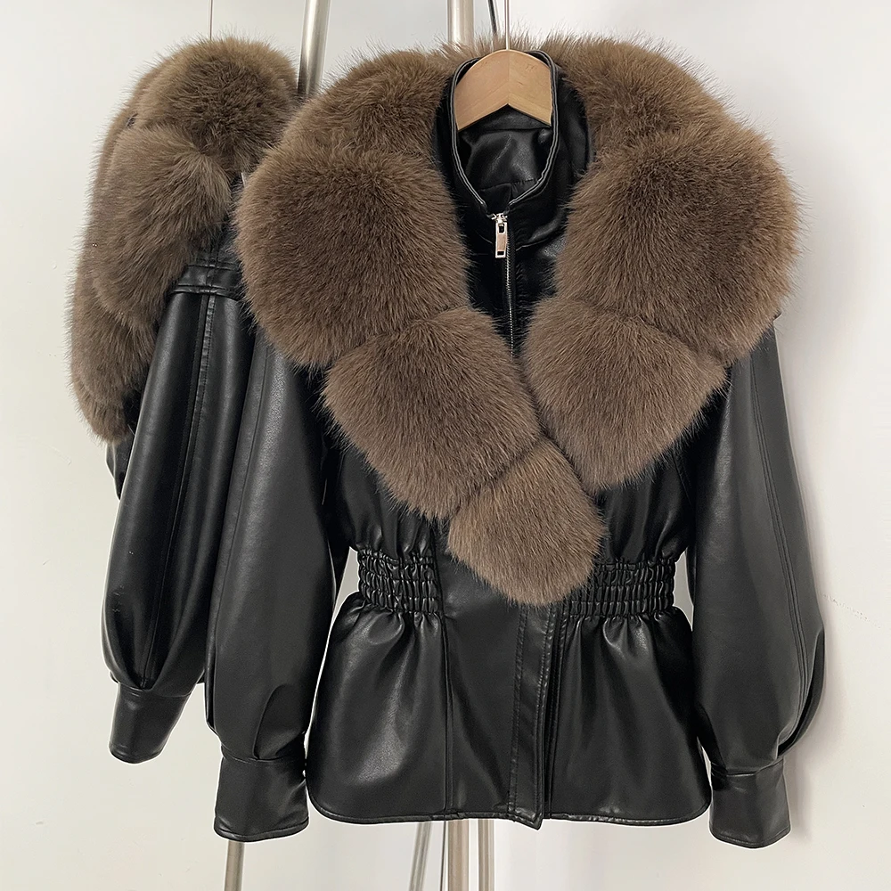 OFTBUY Neue Damen-Kunstlederjacke mit Übergroßem Kunstfuchsfell, Elastischem Bund und Puffärmeln - Luxuriöse Warme Winteroberbekleidung – Detail 21
