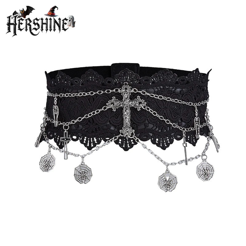 

HERSHINE женский черный кружевной сексуальный эластичный широкий пояс, с украшением в виде перекрестной цепочки, готический стиль Y2K в стиле Харадзюку, весна, лето