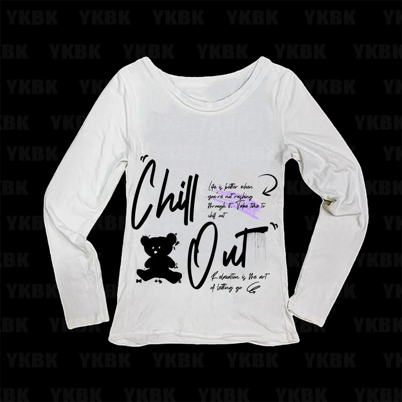 Cute Y2K Women Long Sleeve Tee Chill Out Slogan Bear Graphic Slim Harajuku Aesthetic Daily Casual Top