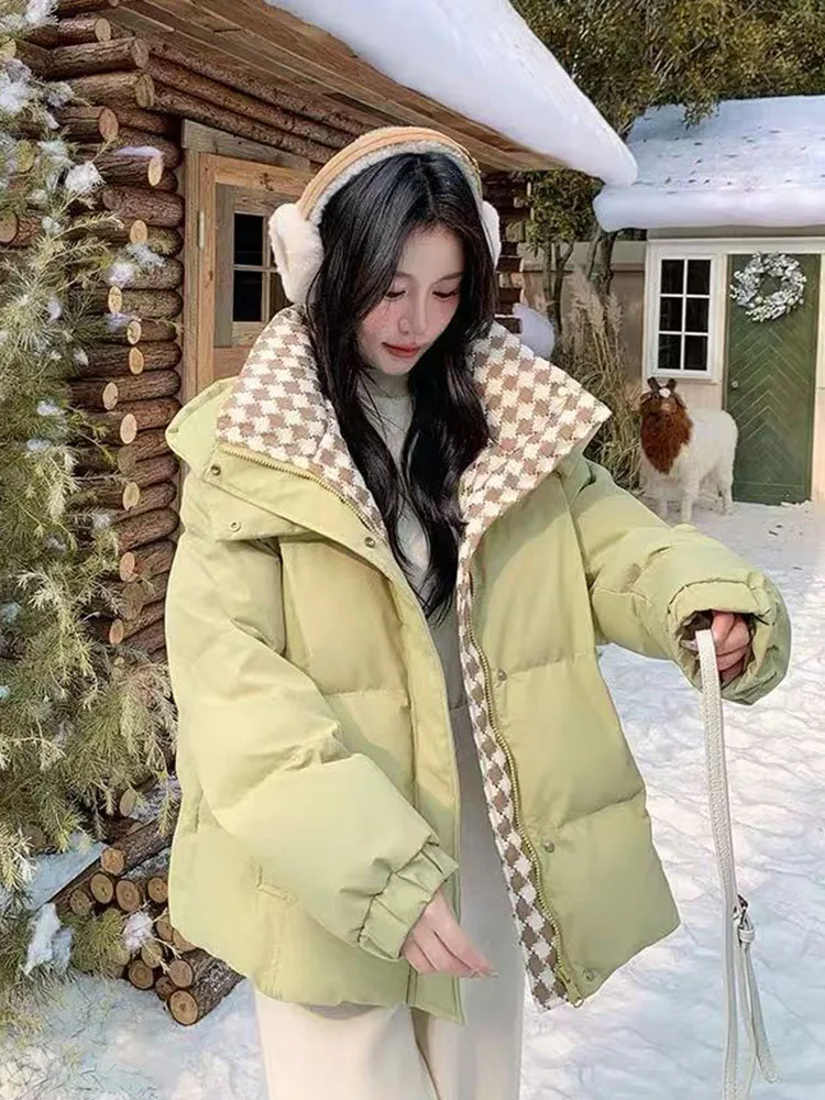 Vintage Plaid Patchwork Parka for Women Winter Thick Fluffy Warm Down Jacket Korean Loose Splicing Hooded Bread Outerwear Mujer