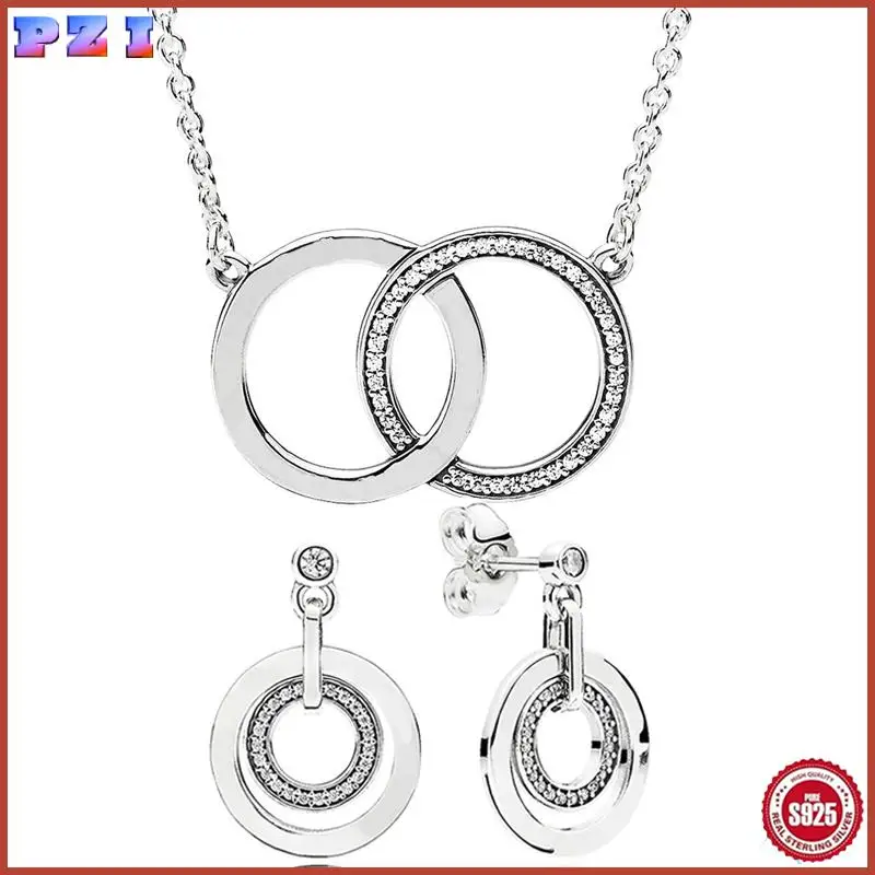 

New 925 Sterling Silver Sparkle Entwined Circles Signature Earring Necklace With Crystal For Women Jewelry Set Birthday Gift