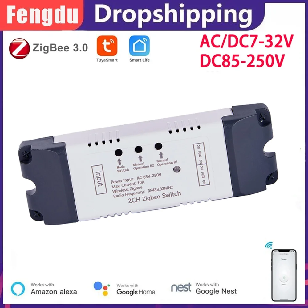 

Умный релейный выключатель Zigbee Tuya, двухканальный выключатель с дистанционным управлением RF433Mhz, беспроводной Wi-Fi переключатель для Alexa Google Home