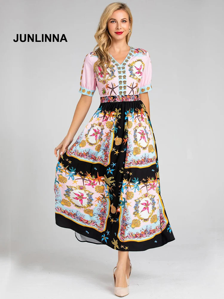 

JUNLINNA Elegant Women Vintage Dress 2023 Summer New Princess Vestidos V Neck Short Sleeve Pringting and Beading Midi Expansion