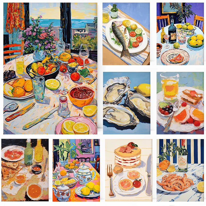 Food Breakfast Shrimp Wine Cake Lemon Oyster Dessert Orange Poster Print Wall Art Pictures Canvas Painting Room Home  Gift