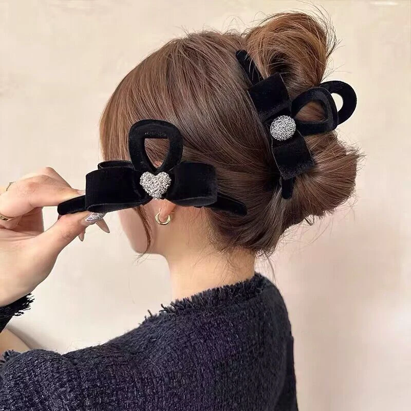 Pinzas para el pelo con lazo de terciopelo negro francés para mujer, pinzas para el pelo con perlas Vintage, horquillas grandes, accesorios para el cabello para fiesta