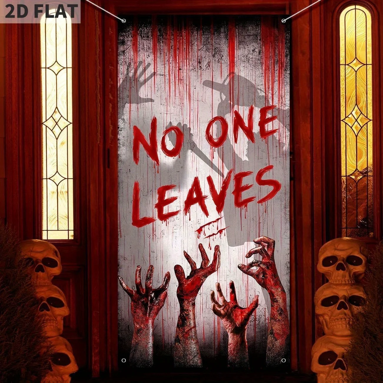 Scary Halloween Bloody Banner- Creepy Backdrop for Haunted House, Front Door, Doorway Scary Handprint and Shadowy Figure