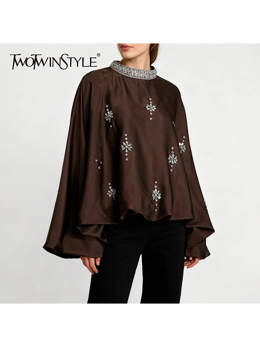 TWOTWINSTYLE Solido Allentato Impiombato Diamanti Camicette Eleganti per Le Donne O Collo Maniche Lunghe Camicetta Vintage Abbigliamento Moda Femminile