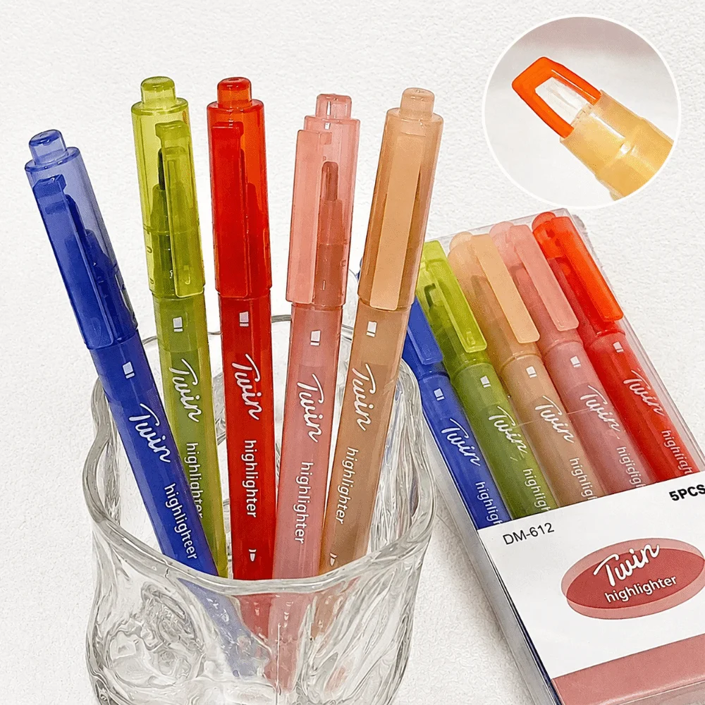 5pcs/set Colorful Dual Tip Highlighter Set Multi-Color Eye-protecting Marker Pens Visible Window Highlighter Pen Journaling