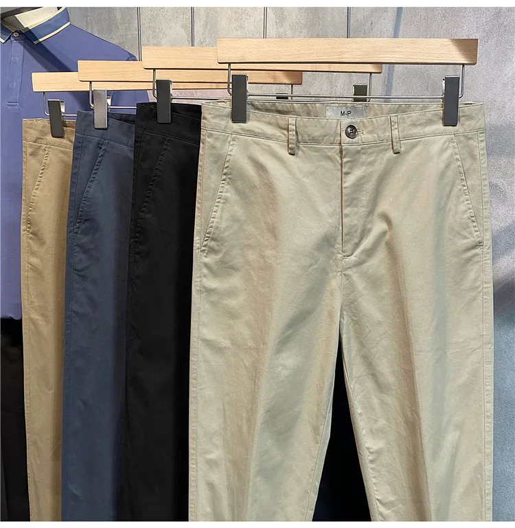 بنطال كاجوال مريح من القطن الخالص مضاد للتجاعيد بقصة ضيقة للرجال للربيع والصيف، سروال غرب طويل مستقيم الساق قابل للتجاعيد
