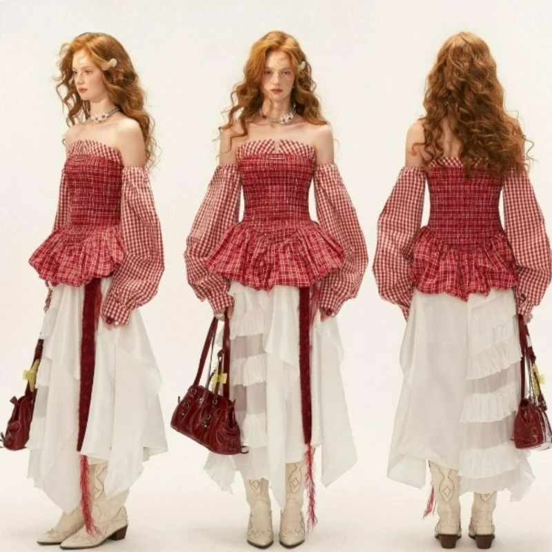 

Striped Checkered Strapless Bubble Skirt Top for Women 2026 Autumn New Fashion White Elegant Waist-cinching Long-sleeved T-shirt