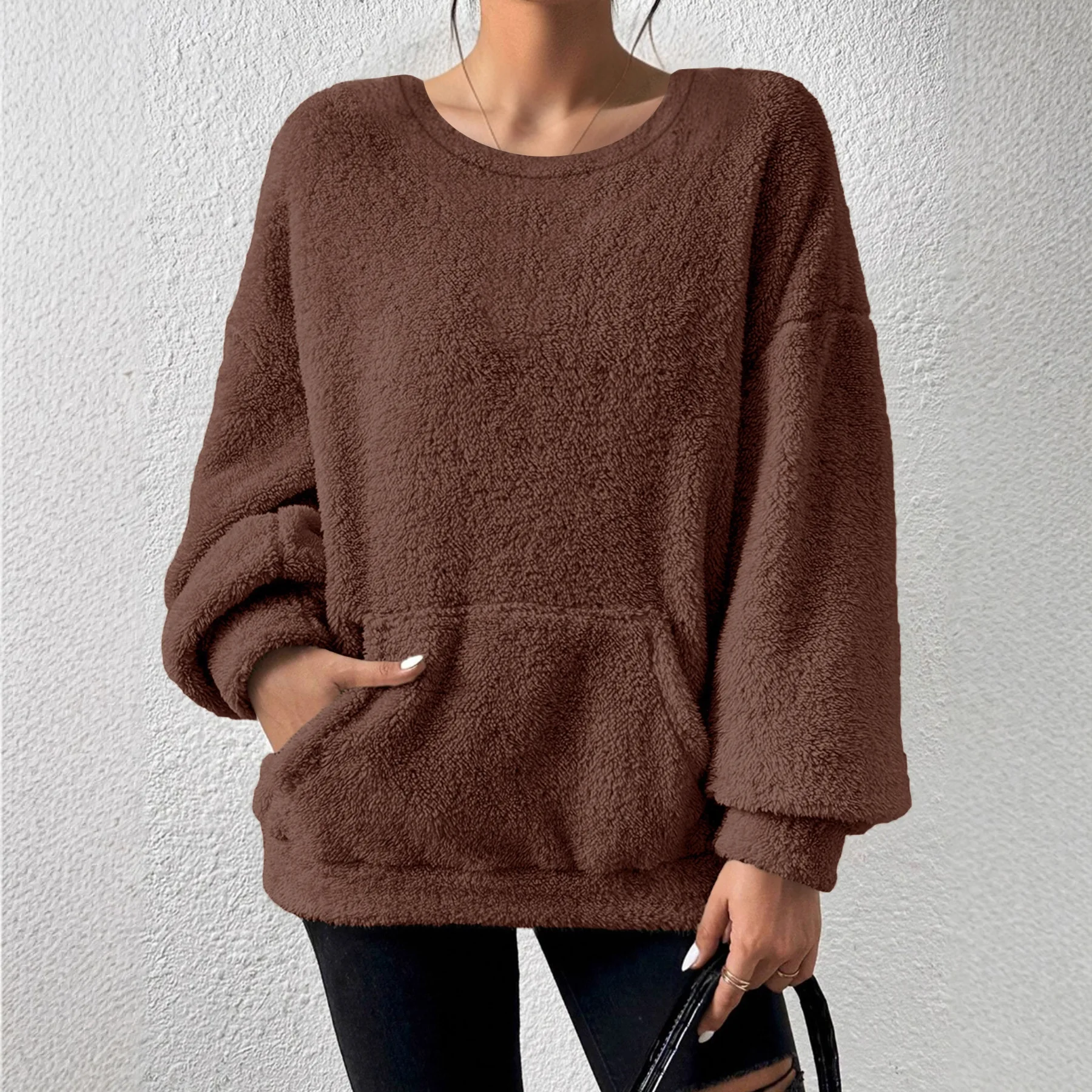 

Women Fashion Fleece Long Sleeve Sweatshirt Autumn Casual O Neck Loose Hoodie Solid Color Comfortable Pullovers Female 2025 Tops