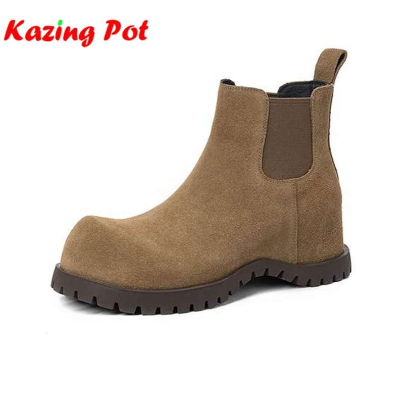 

Cow Suede Nubuck Thick Heels Modern Fashion Boots Keep Warm Cowboy Winter Autumn Shoes Slip On Increased Brand Women Ankle Boots