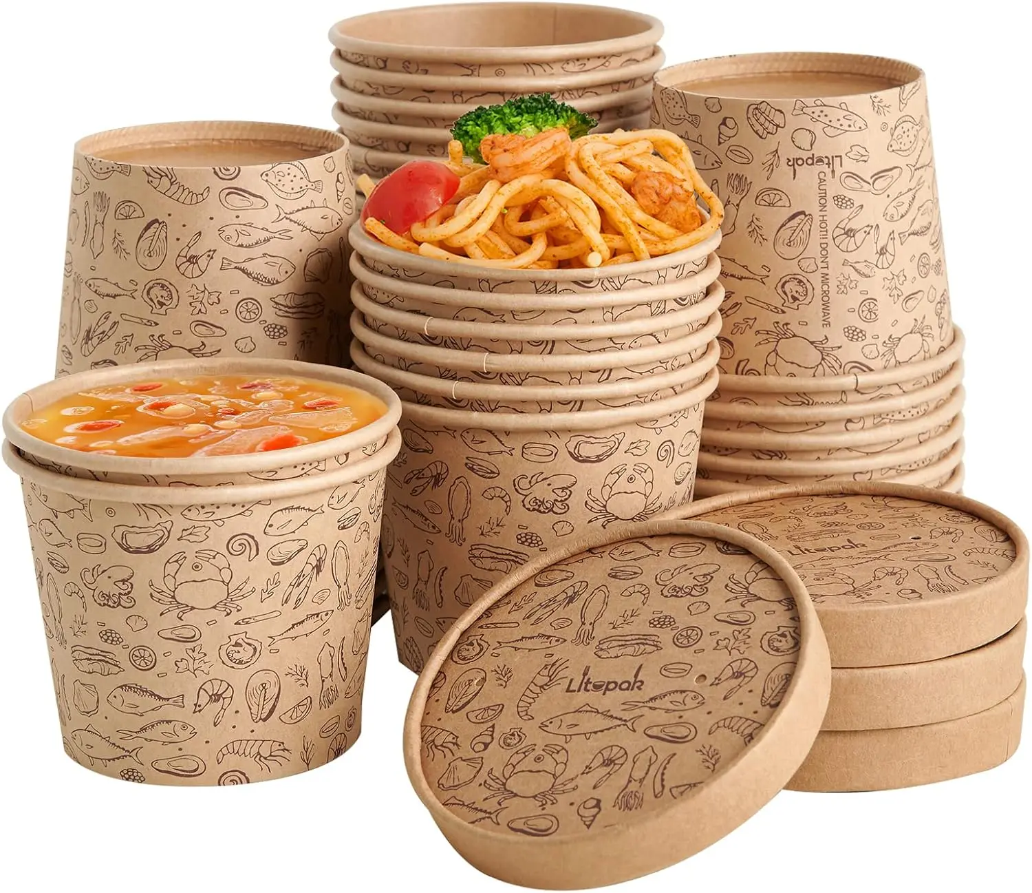 

50 Pack 12 oz Paper Containers with Vented Lids, Kraft Paper Food Cups, Soup Containers Cups with Lids, Disposable Bowls