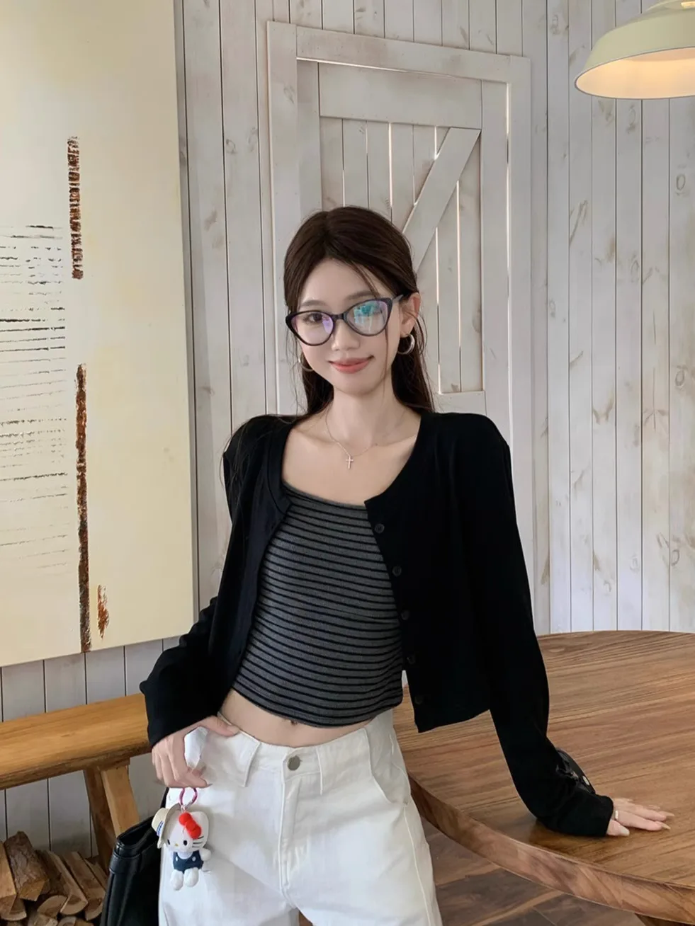 

Hot Girl Stripe Crop Top And Long Sleeve Cardigan Set Women's Fashion Spring New Style Black Short Length Two Pieces Suite