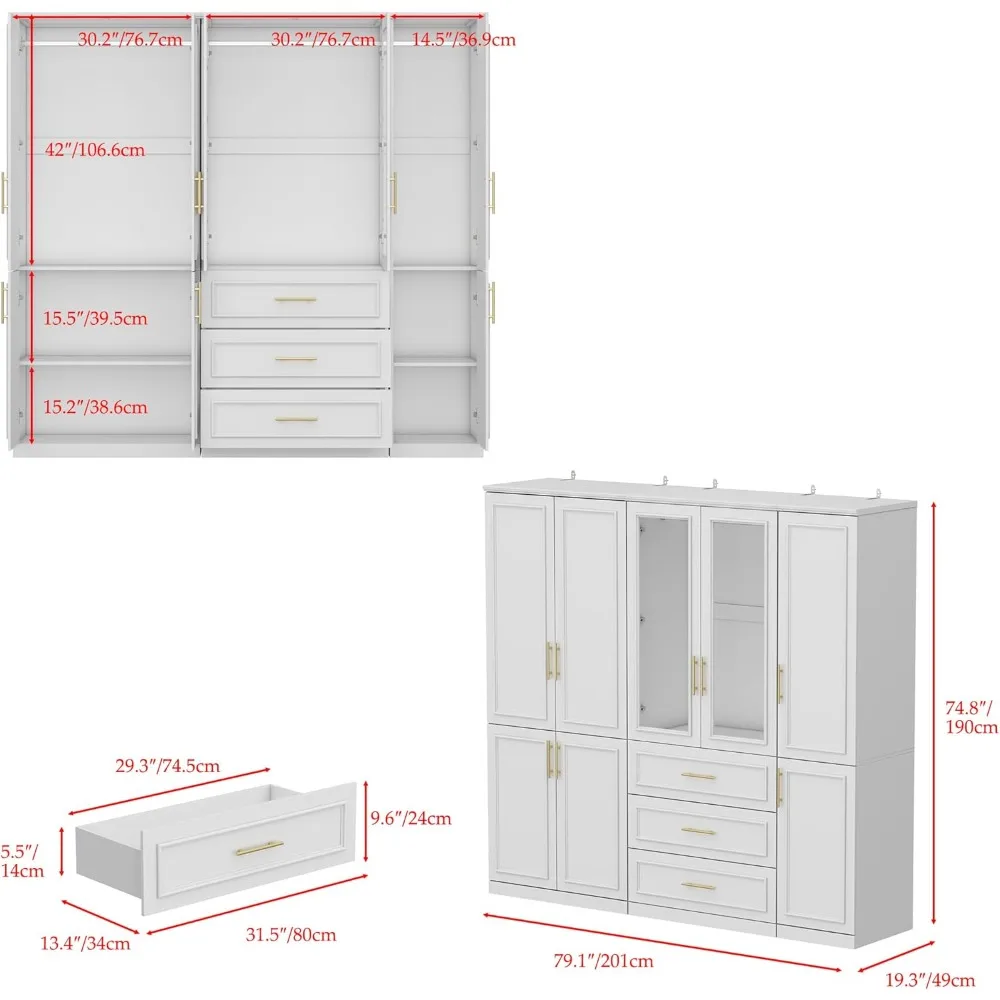 Wardrobe Armoire Closet with Glass Doors, 79.1