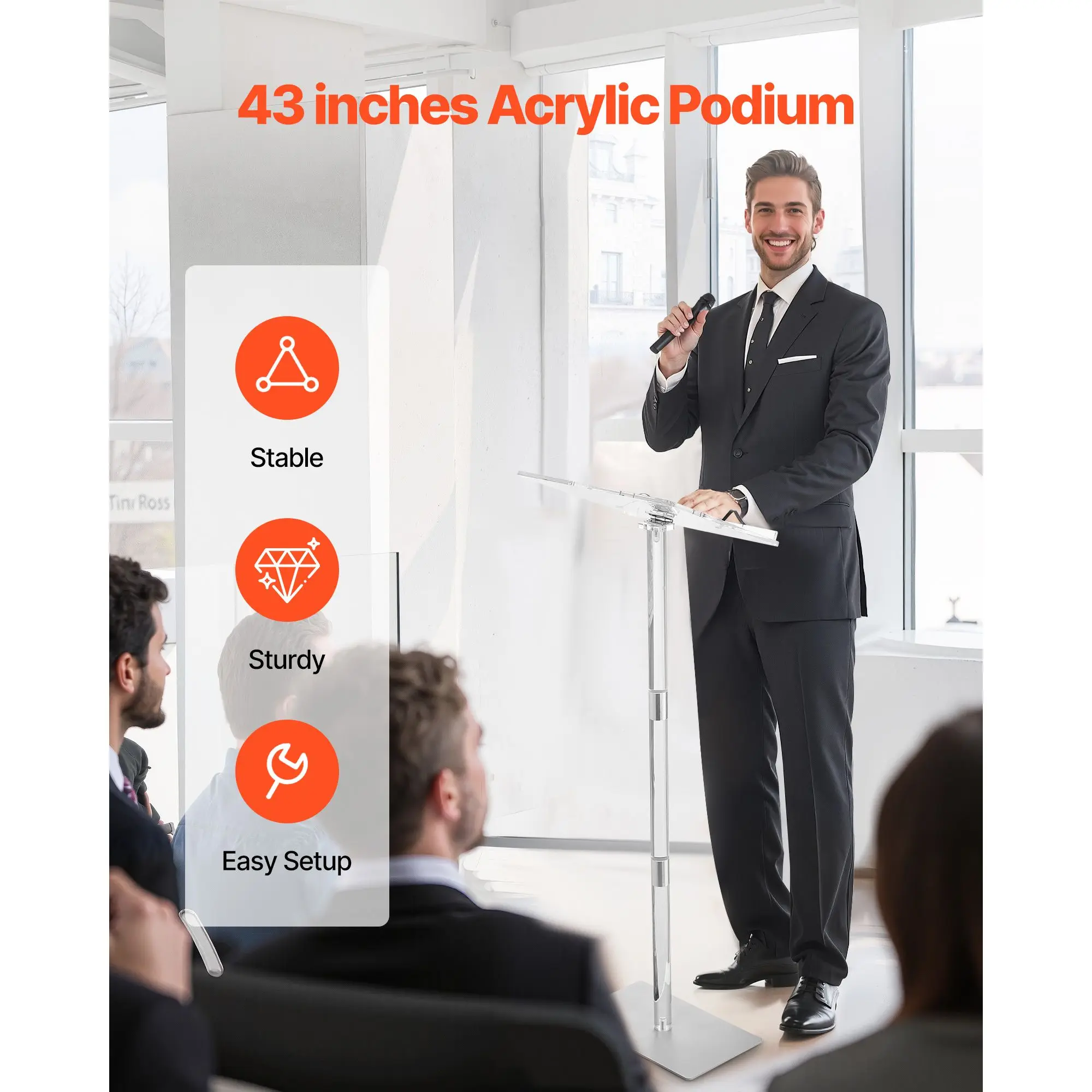 Podium Stand, 43-Inch Acrylic Lectern, Portable Laptop Desk with Wide Reading Surface, Book Clips, Adjustable Angle, Floor-Stand