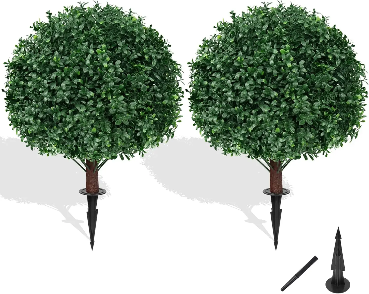 

Set of 2 Artificial Boxwood Topiary Balls with Ground Spikes, UV Resistant Fake Evergreen Shrubs for Indoor Outdoor Decor