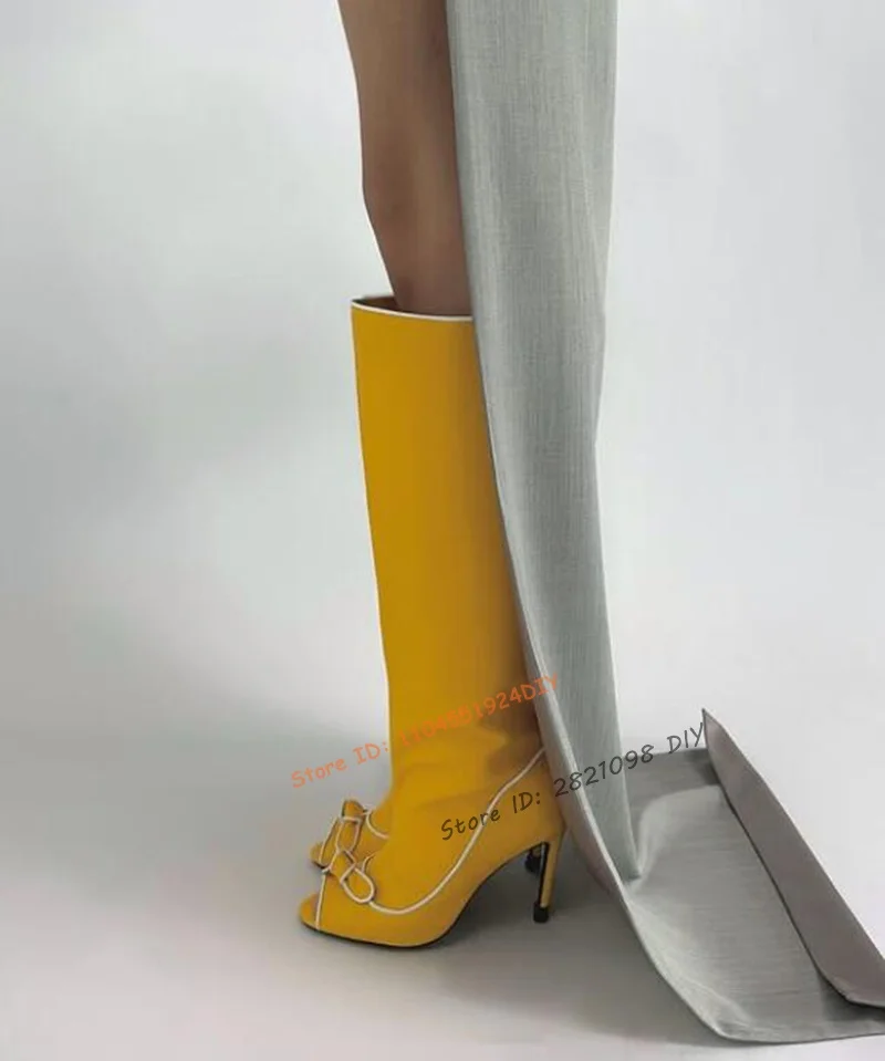 

Yellow Leather Open Peep Toe Bowtie Knot Women 7Cm Thin Heeled Knee Length Boots Luxury Cut Out Low Heels Party Prom Shoes