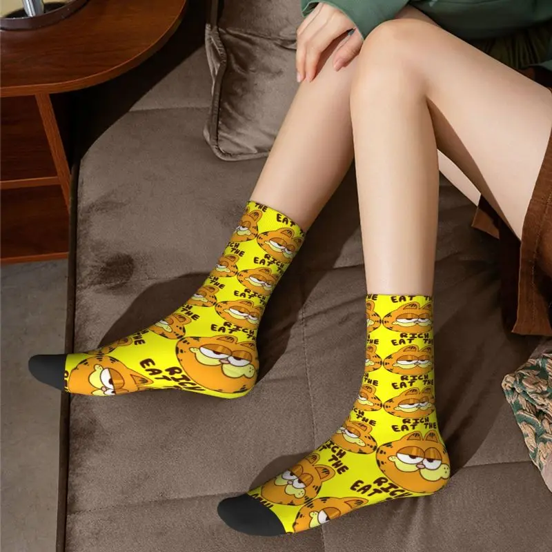 Calcetines de vestir personalizados Kawaii para hombre Garfielde Eat Me Rich, calcetines unisex cálidos y cómodos con estampado 3D de gato encantador