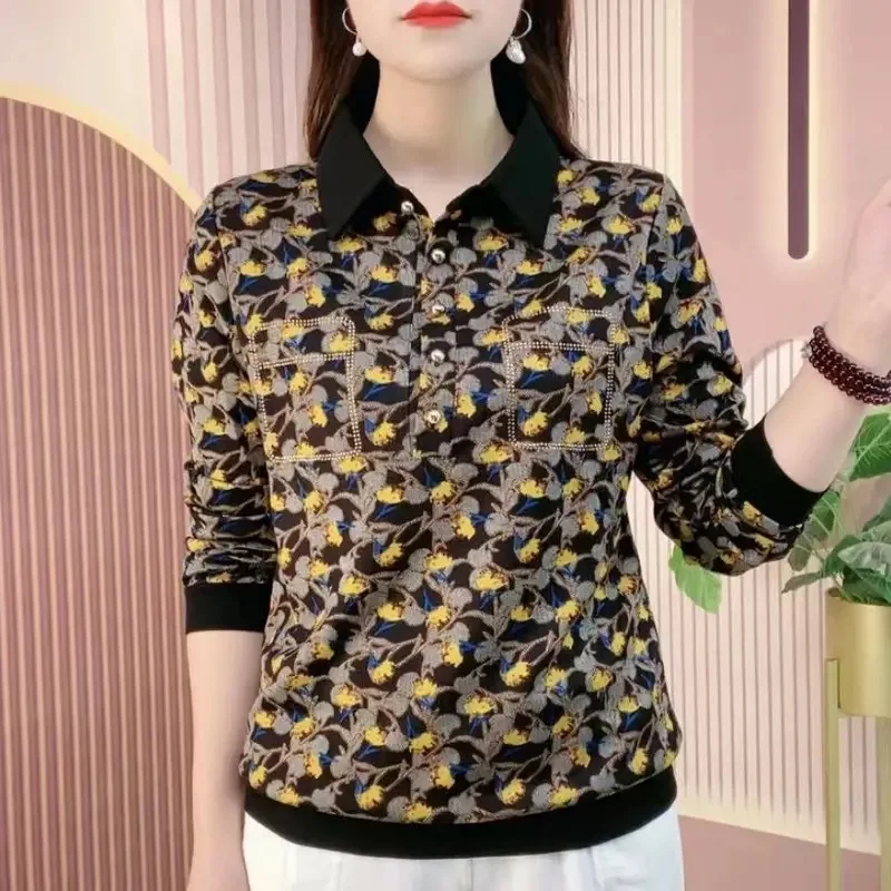 Spring Autumn Long Sleeve Collared Base Shirt Loose Slimming High End Iron Drill Small Shirt Inner Wear Casual Style Ladies T...