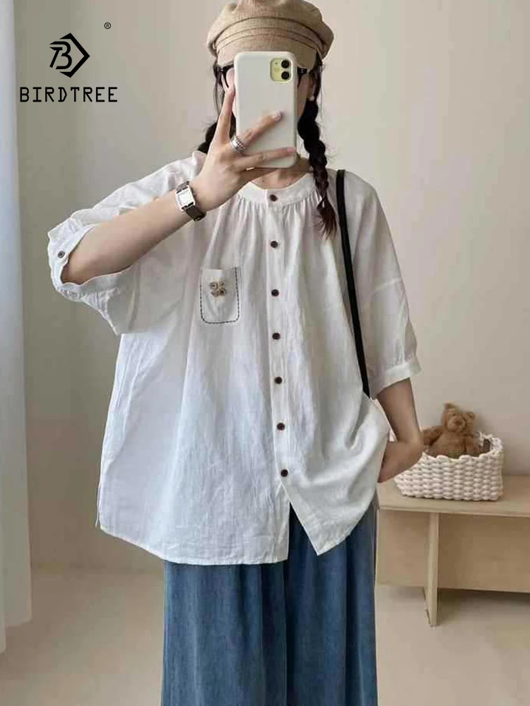 

New 2025 Summer Cotton 3/4 Sleeve Shirt, Women Stand Pocket Button, Mori Girl Sweet Age Reduction Commute Loose Blouse T56050CC