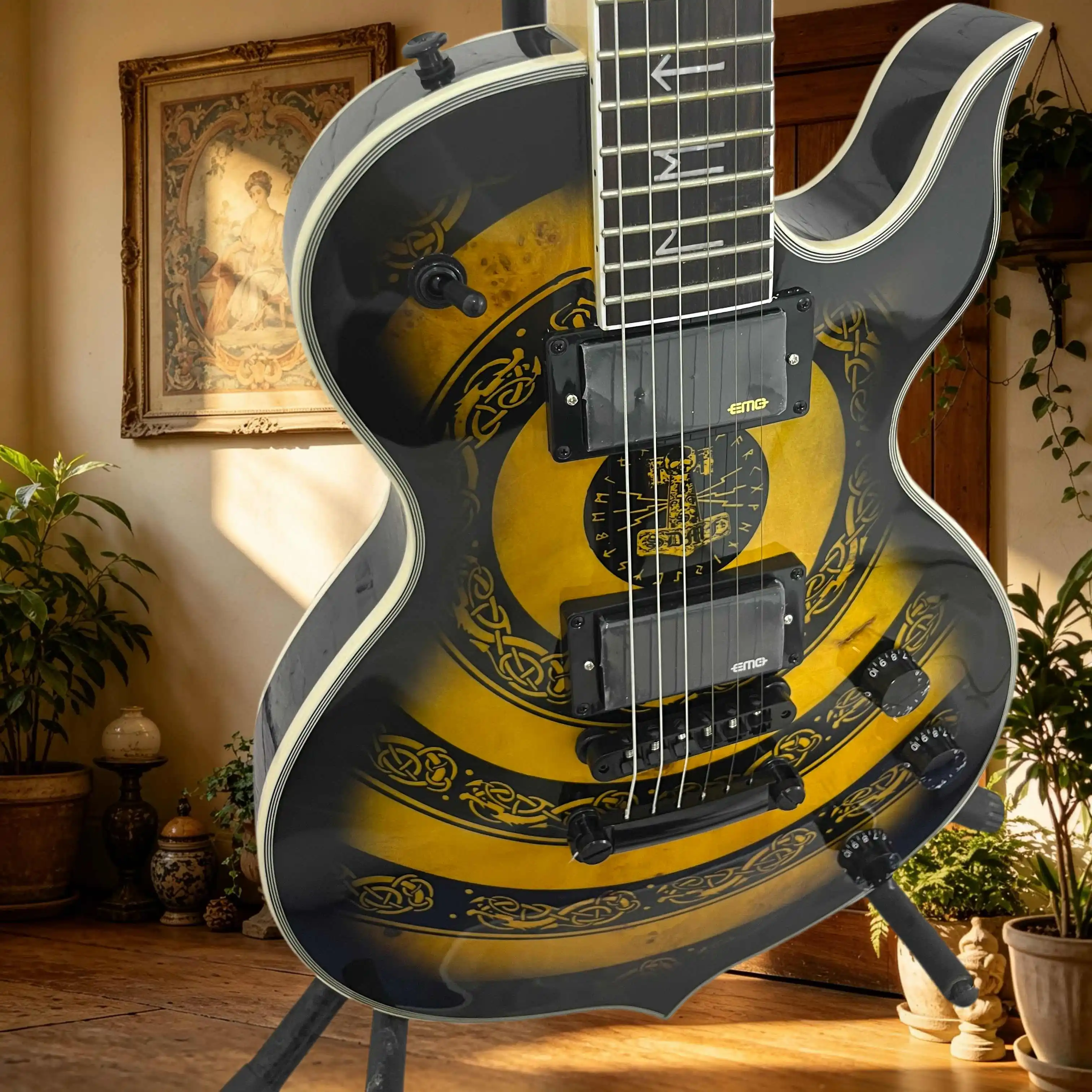 Electric Guitar Maple Neck Pointed Horn Shaped Black Yellow Gradient Tree Tumor Rune Totem Print Senior Heavy Musician