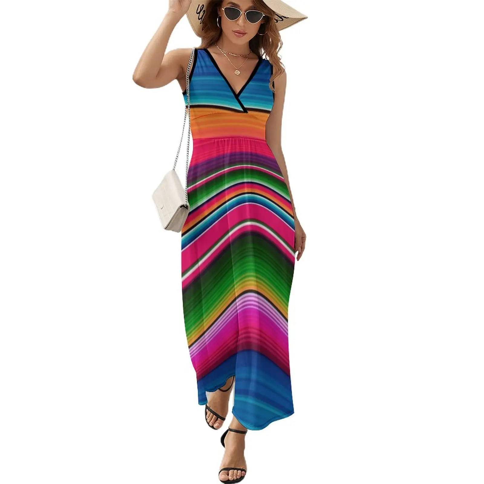 

Mexican Blanket Striped Fiesta Serape Sleeveless Dress Woman's evening dress long dress women summer Long veiled dresses