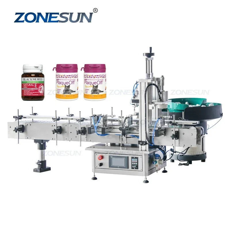 ZONESUN Automatic Plastic Tear-Band Tamper Evident Candy Chewing Gum Bottle Desktop Cap Pressing Machine With Vibratory Feeder