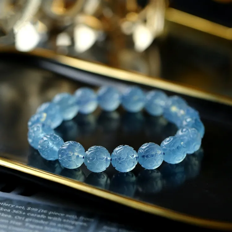 

Natural Blue Aquamarine Clear Carved Beads Bracelet Women Men Stretch Blue Aquamarine Fashion Jewelry 10mm 11mm 12mm AAAAA