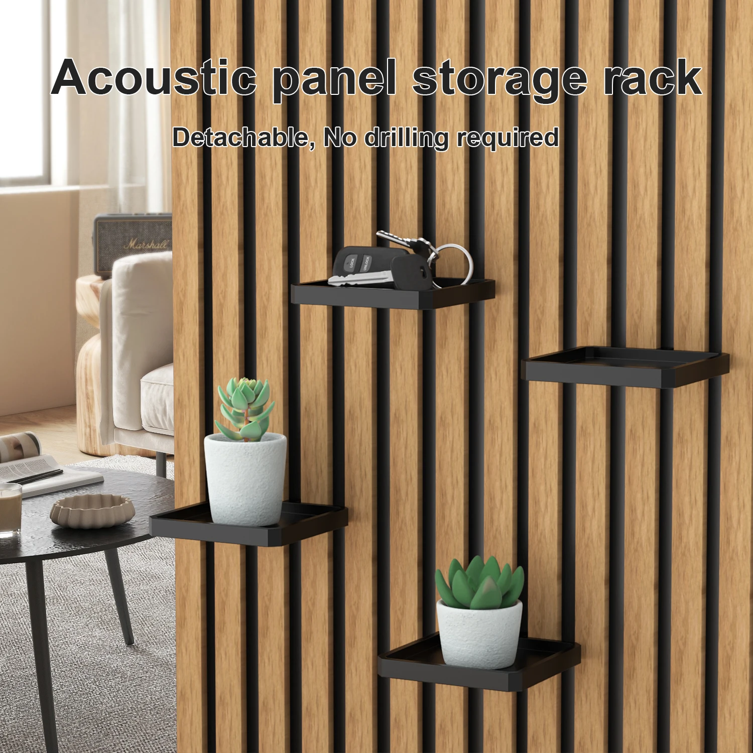 Étagère murale acoustique 1 pièce, support de rangement mural sans perçage, plateau suspendu détachable pour mur en bois à lattes, pour clés, plantes succulentes