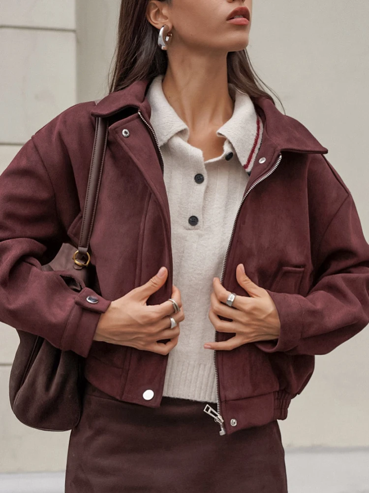 Damen Elastische Wildlederjacke mit Kordelzug in Braun, Modische Jacke mit Langen Ärmeln und Stehkragen, Locker Geschnittener Mantel für Frühling, Alltag und Streetwear 2026 – Detail 27