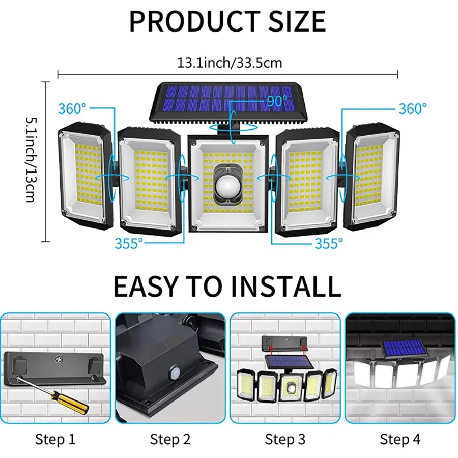 300LED 5 Heads Outdoor Solar Flood Lights  , Remote Control, 3 Lighting Modes, 2400mAh Security Wall Lights