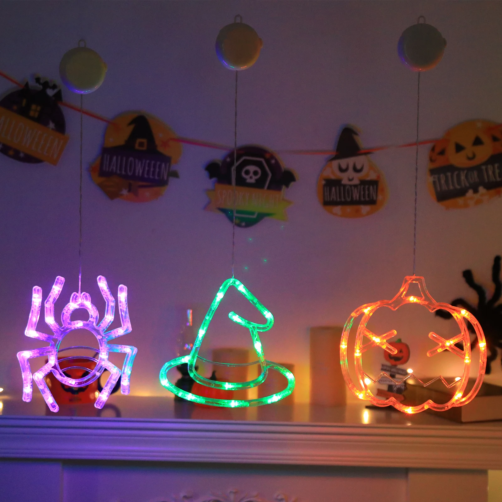 Multicolor Halloween Pendant Lights, Pumpkin Spider Witch Hat Hanging Lights, Suction Mount Design for Haunted Atmosphere Decor