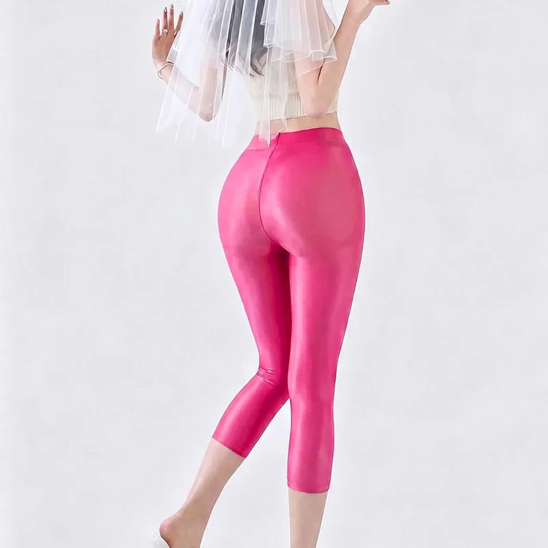 Fashion Solid Glossy Stretchy Skinny Capris Women High Waisted Shiny Bottoms Sports Yoga Leggings Female Streetwear Shorts