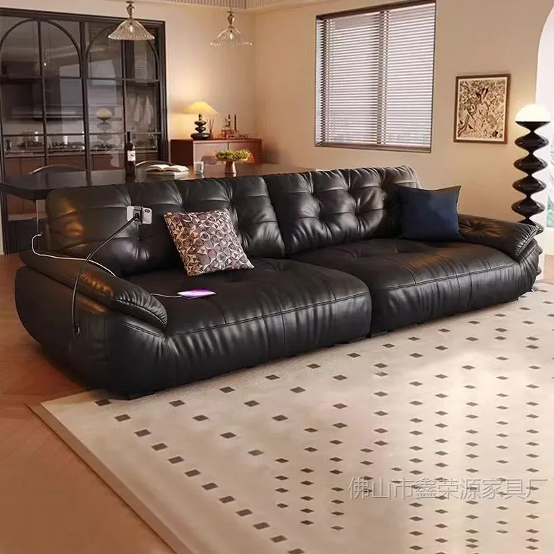Italian Simple Leather Sofa for Living Room Small Apartment Straight Row Three Seater First Layer Cowhide Light Luxury Design