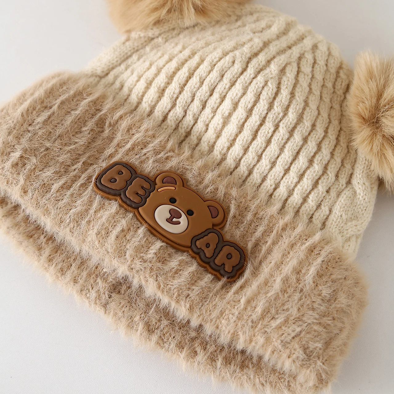 Cute Bear Plush Ear Protection Cap Baby Cartoon Double Pompom Beanie 3-6Year Children Woolen Bonnet Winter Warm Kids Knitted Hat view 6