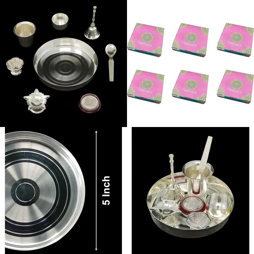 

Декоративный серебряный набор для пуджи: тали (поднос) 5 дюймов, подставка для кумкума, дия, гантхи, стеклянная ложка, чаша, монеты. Идеально для Дивали.