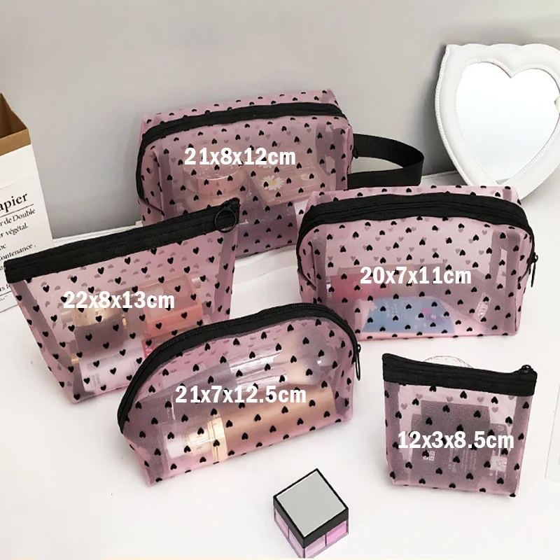 Herz Transparent Mesh Make-Up Tasche Multifunktions Tragbare Frauen Kosmetische Lagerung Tasche Damen Kulturbeutel Lippenstift Organizer Taschen – Detail 2