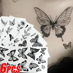 1/6pcs Black Butterfly Fake Tattoo Waterproof Temporary Tattoo Stickers Leg Arm Hand Foot Body Arts Magic Flower Texture Sticker