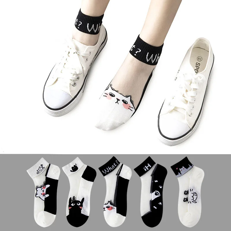 Cute Cartoon Cat Crystal Silk Ankle Socks Summer Thin Transparent Mesh Cotton Sole Low Cut Breathable Ladies Casual 5Pairs Socks