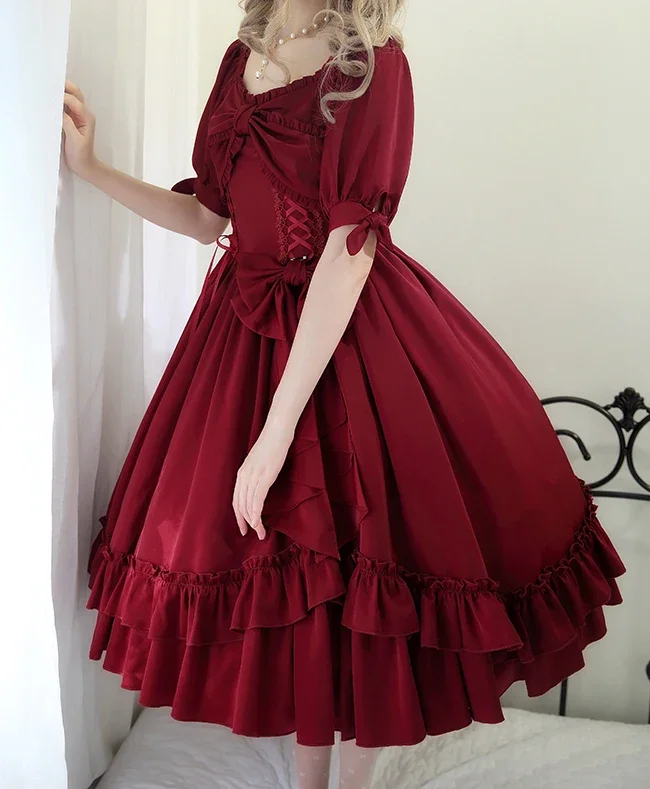 New Autumn Solid Color Lolita OP Dress Elegant Women\'s French Style Big Bow Ruffled Short Sleeve Slim Princess Calf-length Dress