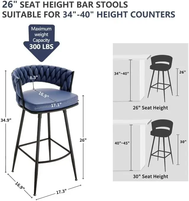 Counter Height Bar Stools Set of 4, Modern Faux Suede Barstools , 180°Swivel Height Bar Chairs for Kitchen Island, Coffee Bar