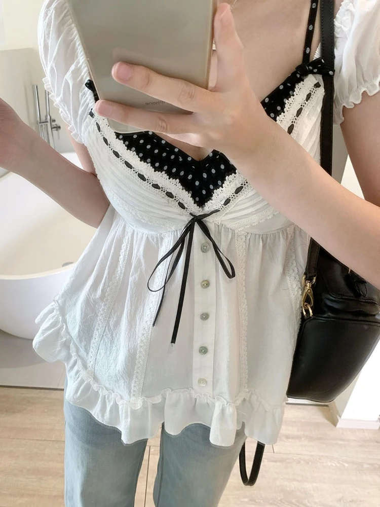 White Blouse Sweet Women's Clothing Puff Sleeve Slim Fit Chic Shirts 2026 Blusas Mujer De Moda Lace Bandage Summer Blouses Tops