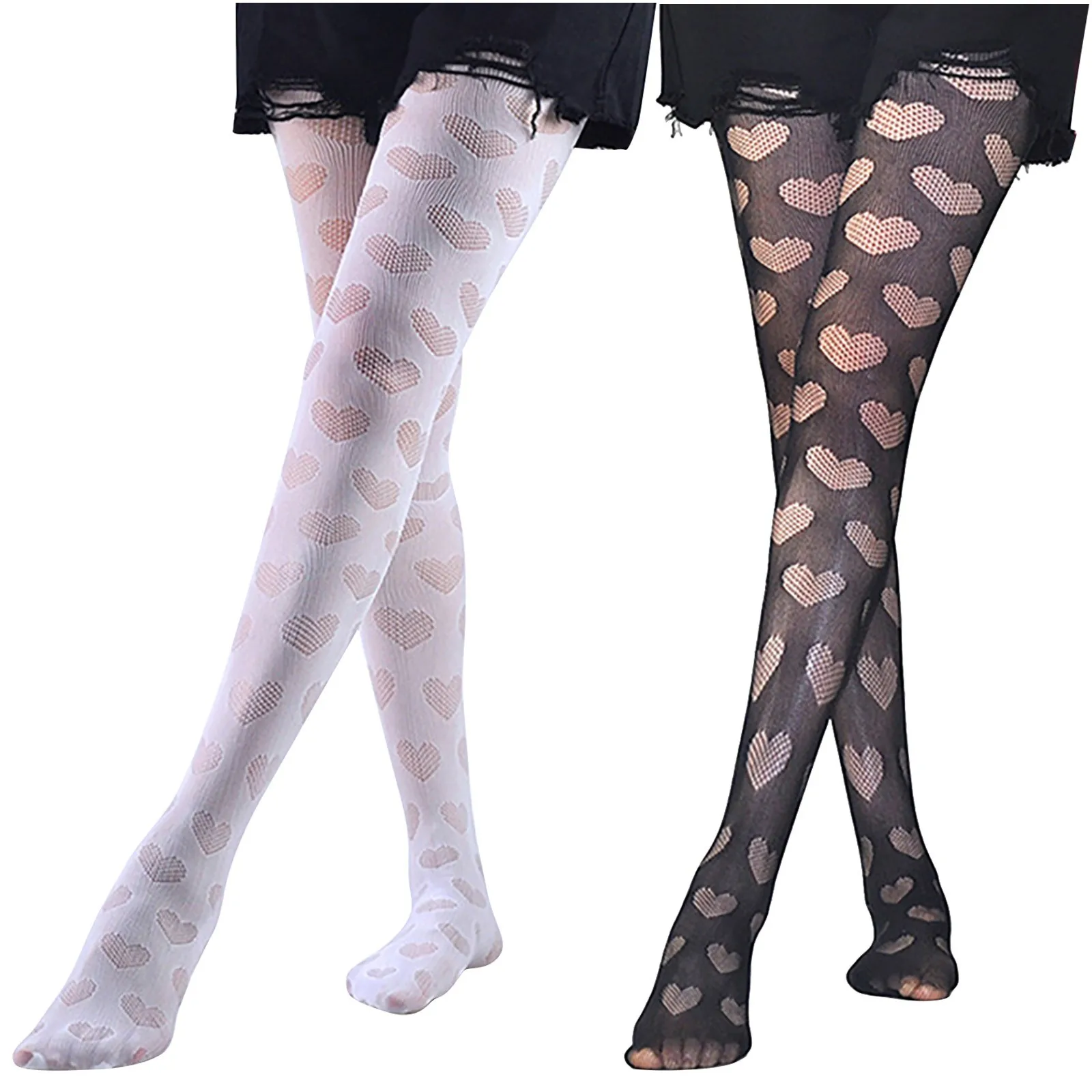 Women's Long Sexy Heart Fishnet Stockings Mesh Nylon Tights Skin Thigh High Stocking Hosiery Hollow Out Cosplay Pantyhose