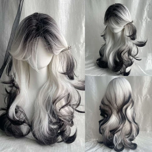 Peluca sintética de onda larga para mujer, pelo blanco ombré negro, esponjoso, resistente al calor, para fiesta diaria, Cosplay de Lolita