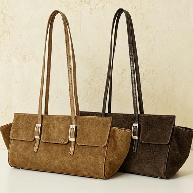Genuine Suede Cowhide Shoulder Bag for Women Retro Large Capacity Handbag Real Leather Tote Bag Fashion Commuter Top‑Handle Purs