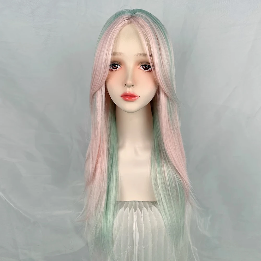 VICWIG Long Straight Pink Green Blend Synthetic Wig Middle Part Lolita Cosplay Fluffy Hair Heat Resistant Wig for Daily Party