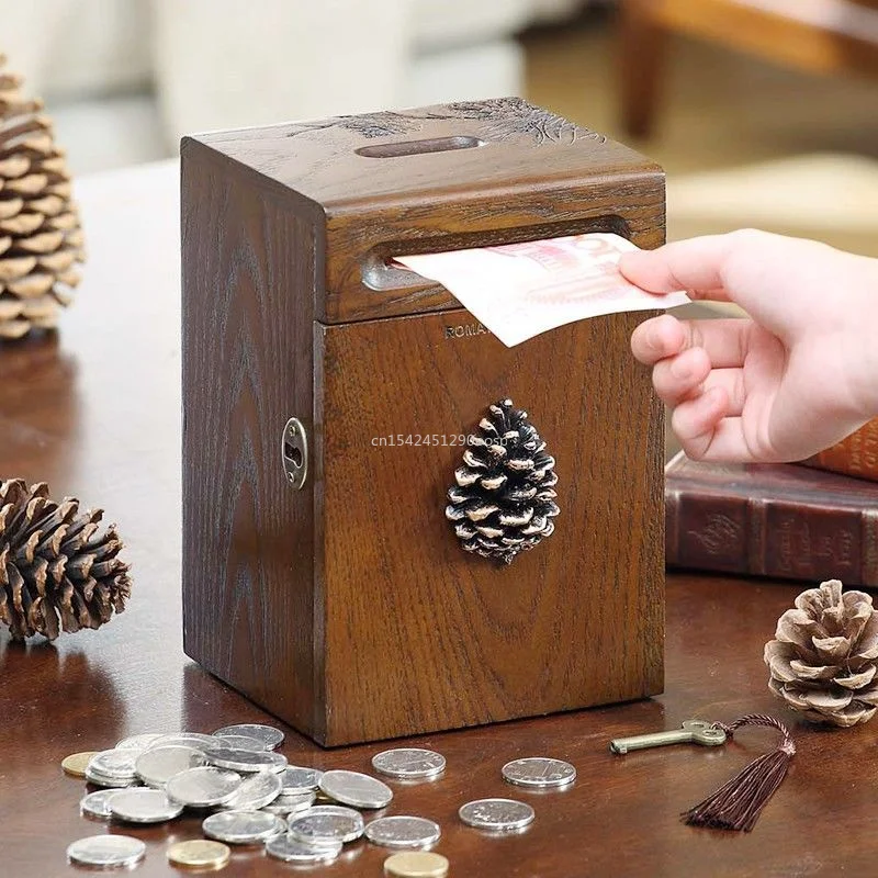 Vintage Coin Bank Wooden Saving Box Solid Wood Good-looking Storage Tank Children\'s Saving Box Lucky Money Storage Box