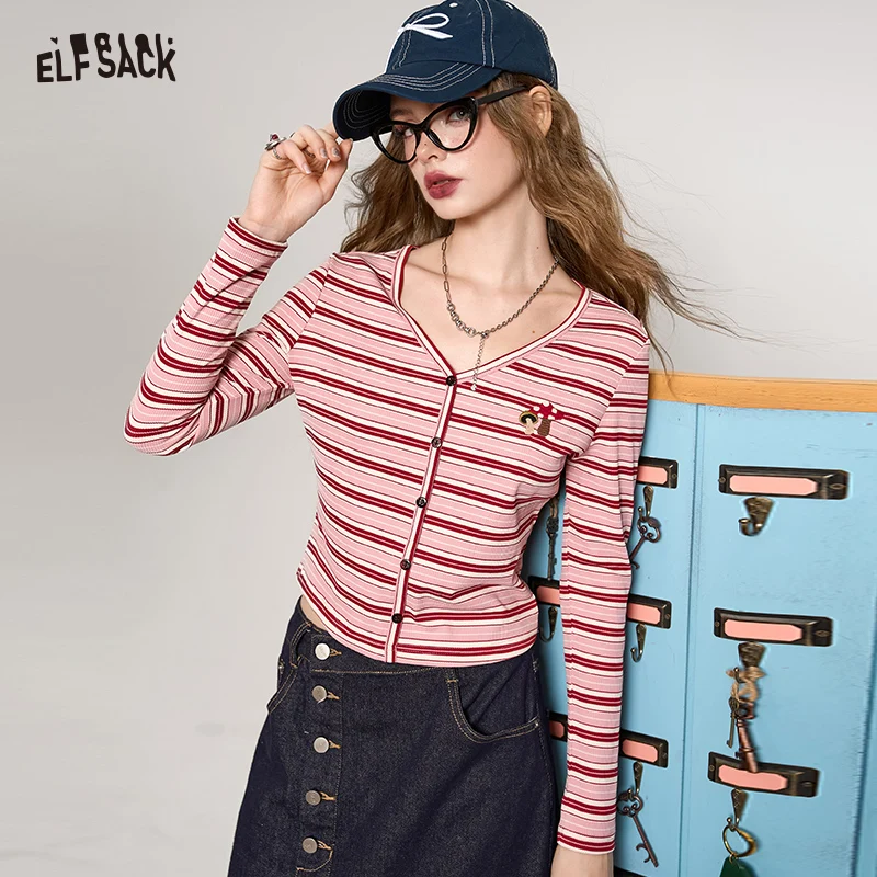 ELFSACK 2024 Autumn New Arrive Contrast color striped v-neck elastic slim fit long sleeve t-shirt for women