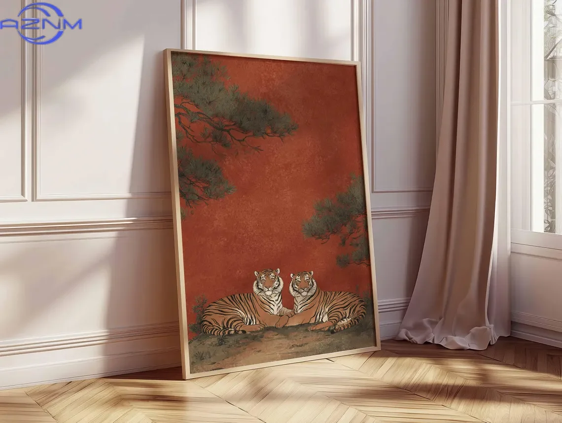 AZNM Japanese Tiger Poster, Vintage Wildlife Art Print, Red Oriental Wall Art, Traditional Woodblock Style, Zen Nature Home Deco